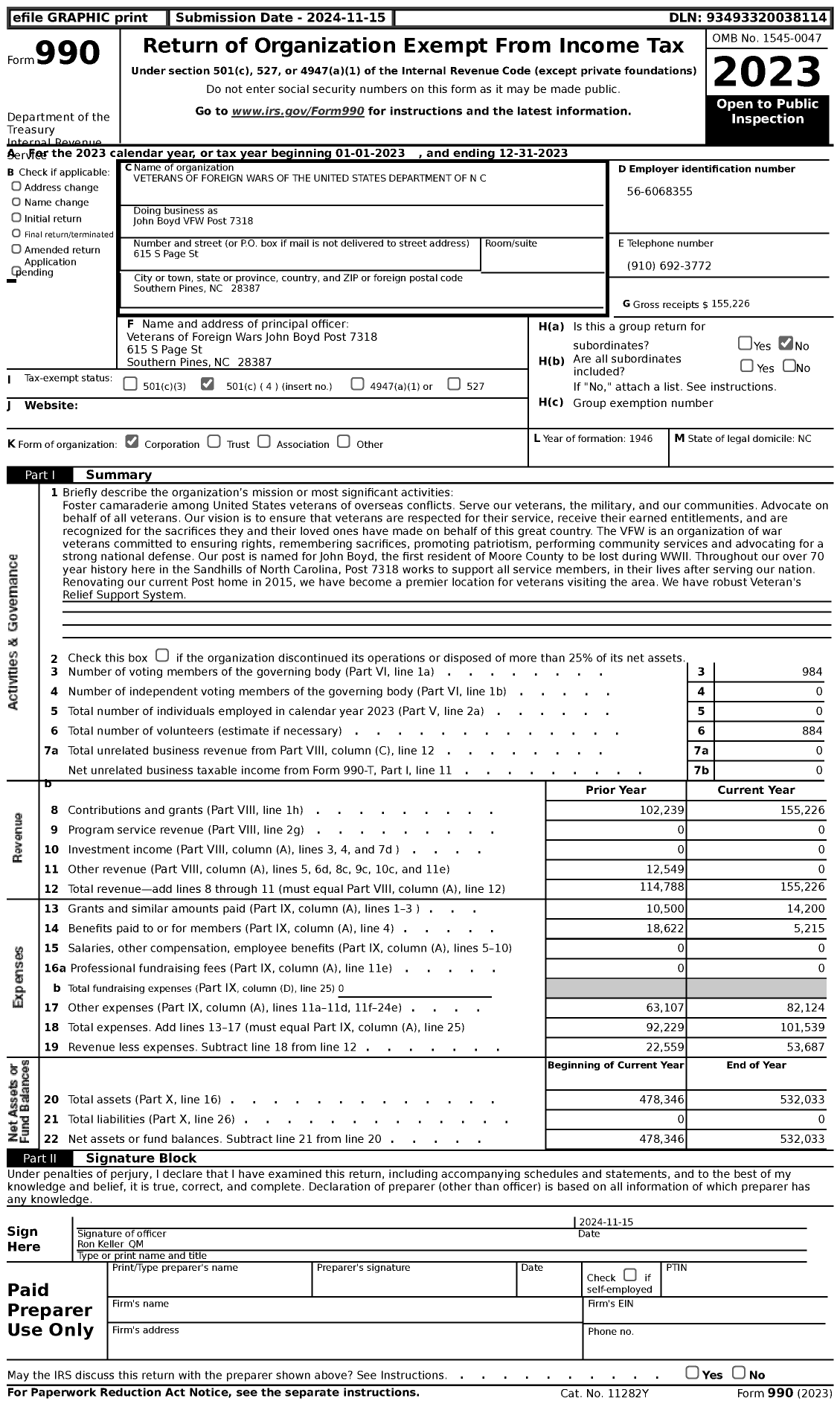 Image of first page of 2023 Form 990 for VFW NC - John Boyd VFW Post 7318