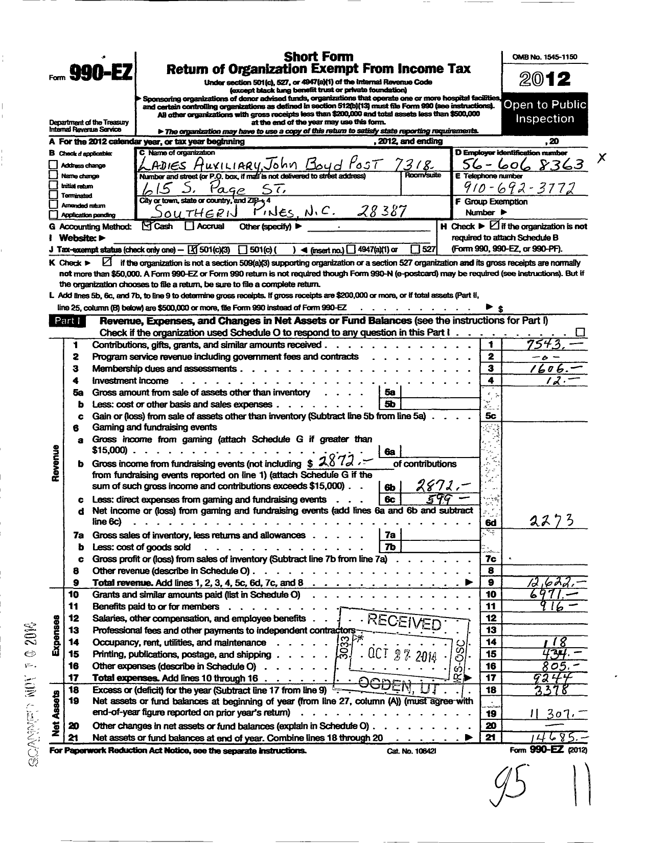 Image of first page of 2012 Form 990EZ for Veterans of Foreign Wars of the VFW NC Auxiliary - 7318 VFW John Boyd Post Auxiliary