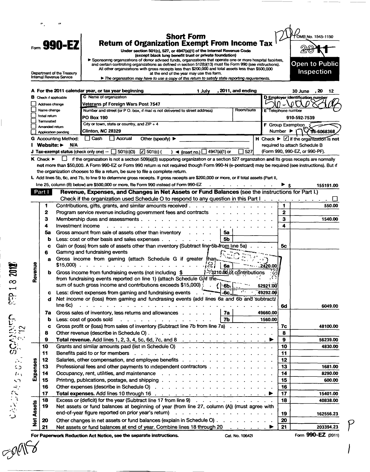 Image of first page of 2011 Form 990EO for VFW NC - 7547 Sampson County Post