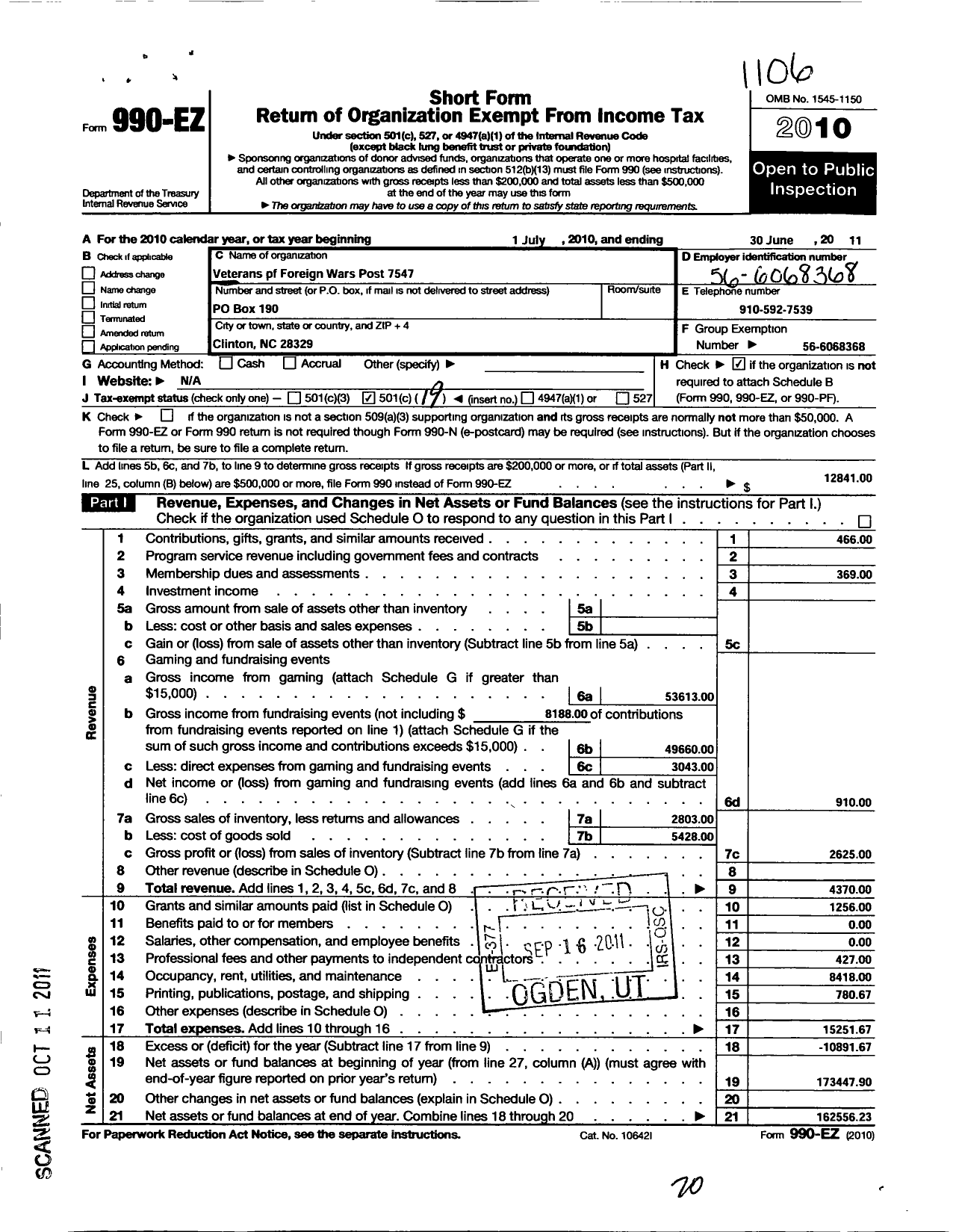 Image of first page of 2010 Form 990EO for VFW NC - 7547 Sampson County Post