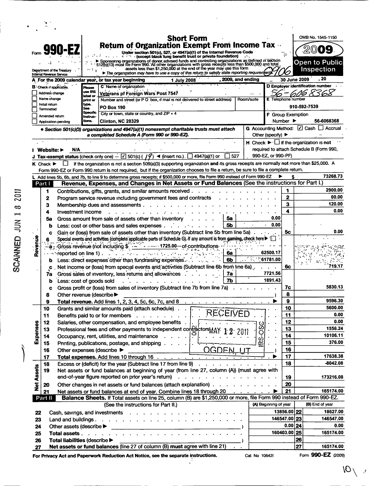 Image of first page of 2008 Form 990EO for VFW NC - 7547 Sampson County Post