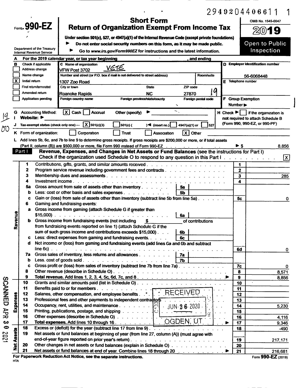 Image of first page of 2019 Form 990EO for VFW NC - 3702 Halifax County Post