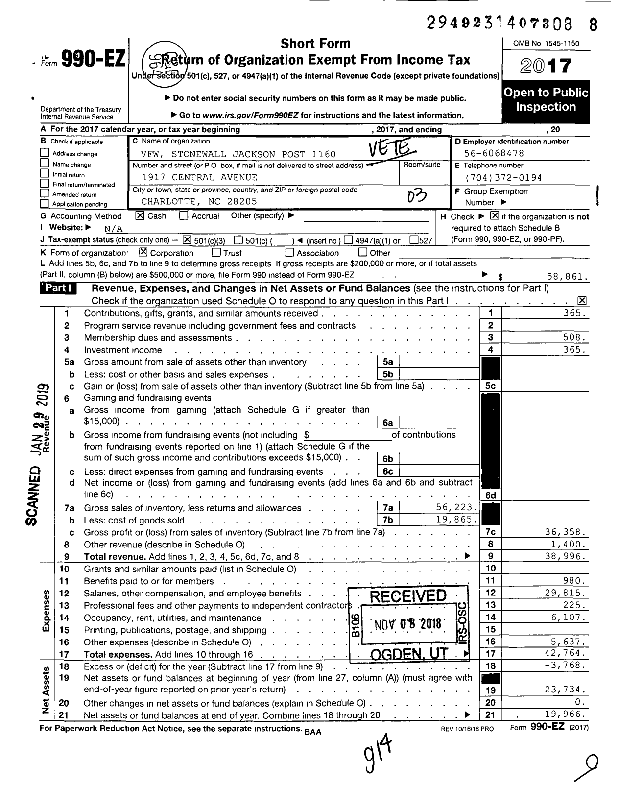 Image of first page of 2017 Form 990EZ for VFW NC - 1160 Stonewall Jackson Post