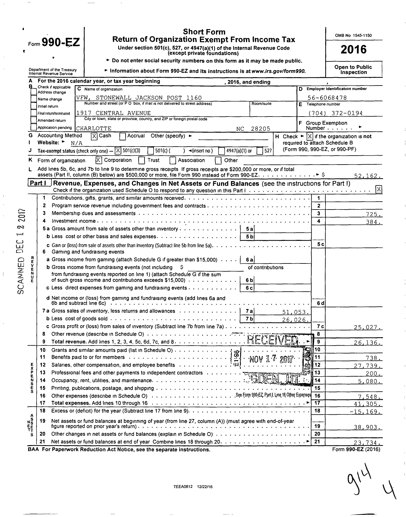 Image of first page of 2016 Form 990EZ for VFW NC - 1160 Stonewall Jackson Post