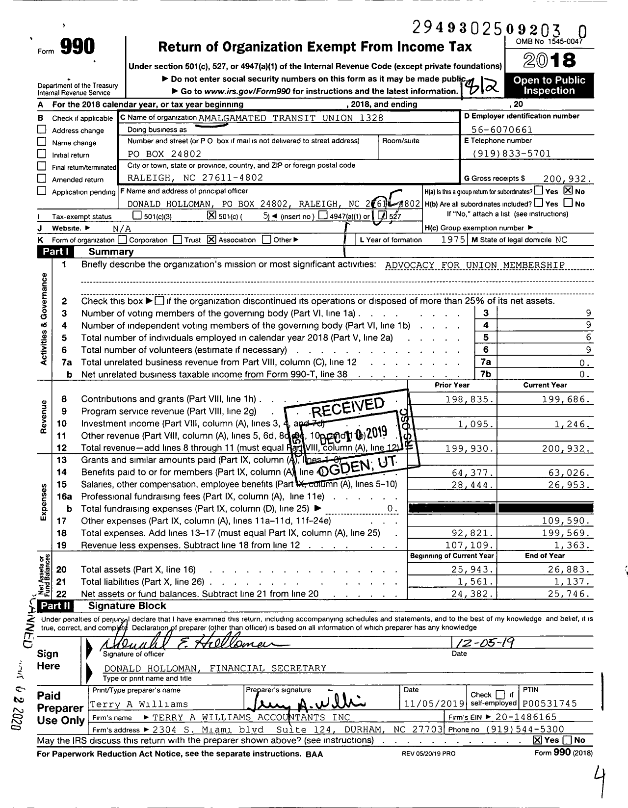 Image of first page of 2018 Form 990O for Amalgamated Transit Union - 1328 Local