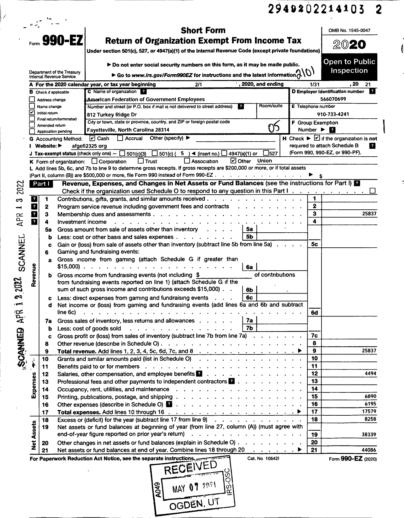 Image of first page of 2020 Form 990EO for American Federation of Government Employees - 2325 Afge Usda Local