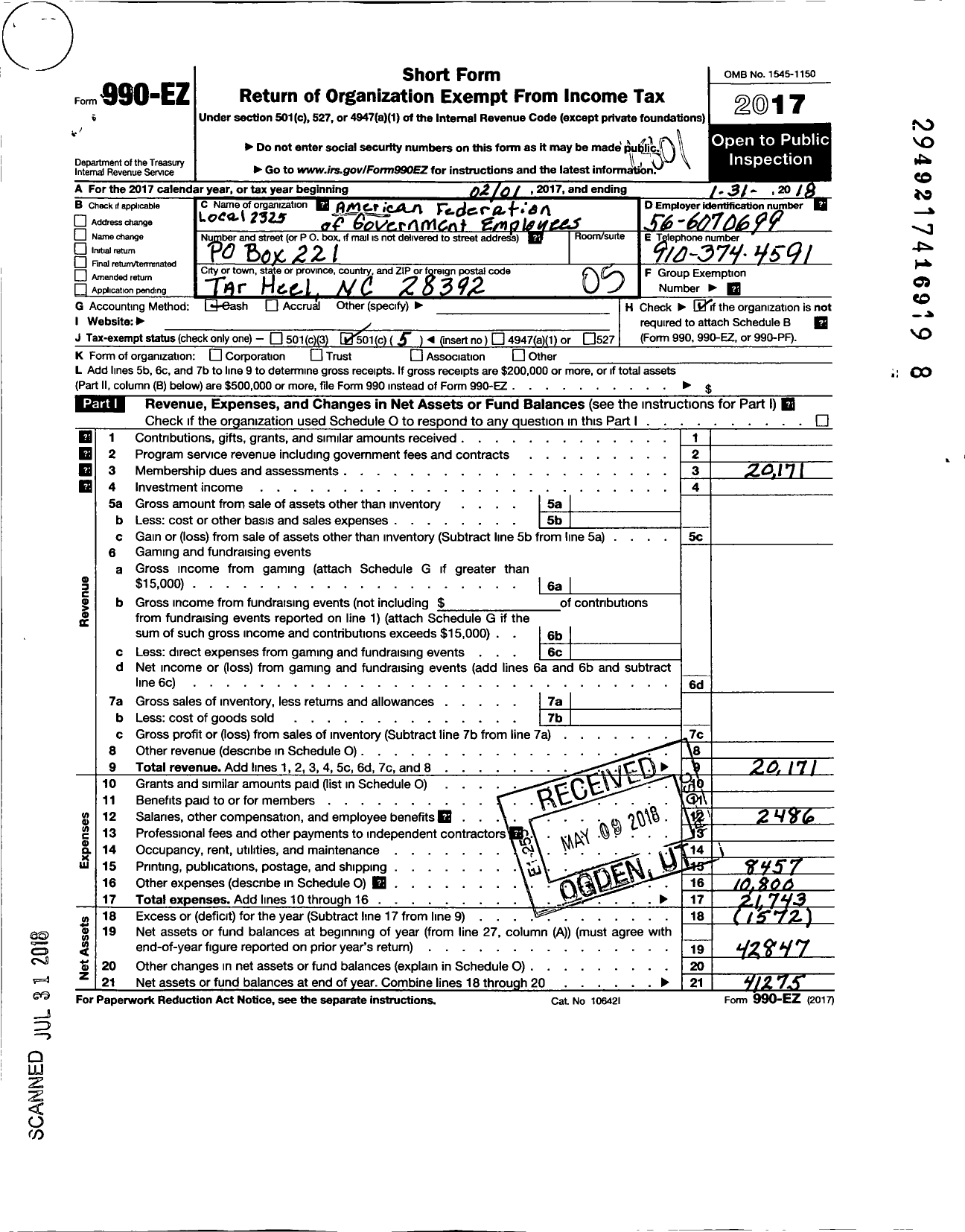 Image of first page of 2017 Form 990EO for American Federation of Government Employees - 2325 Afge Usda Local