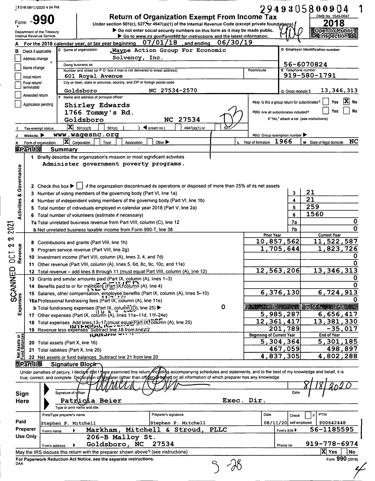 Image of first page of 2018 Form 990 for Wayne Action Group for Economic Solvency