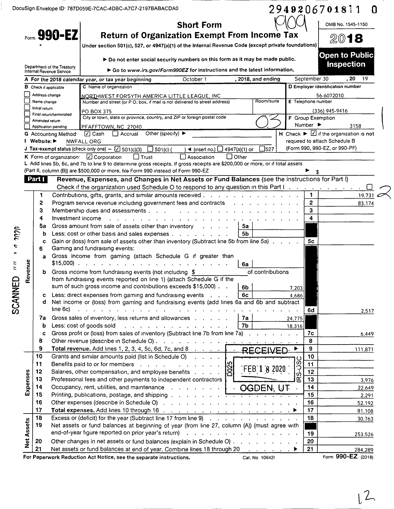 Image of first page of 2018 Form 990EZ for Little League Baseball - 3330212 NW Forsyth American LL