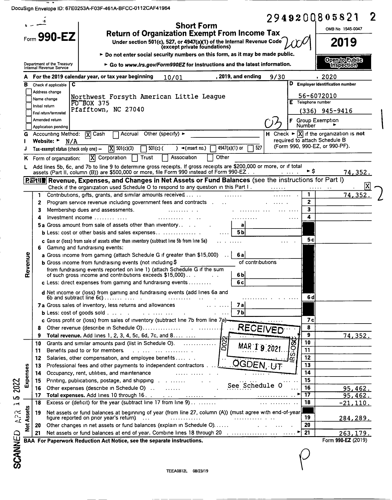 Image of first page of 2019 Form 990EZ for Little League Baseball - 3330212 NW Forsyth American LL