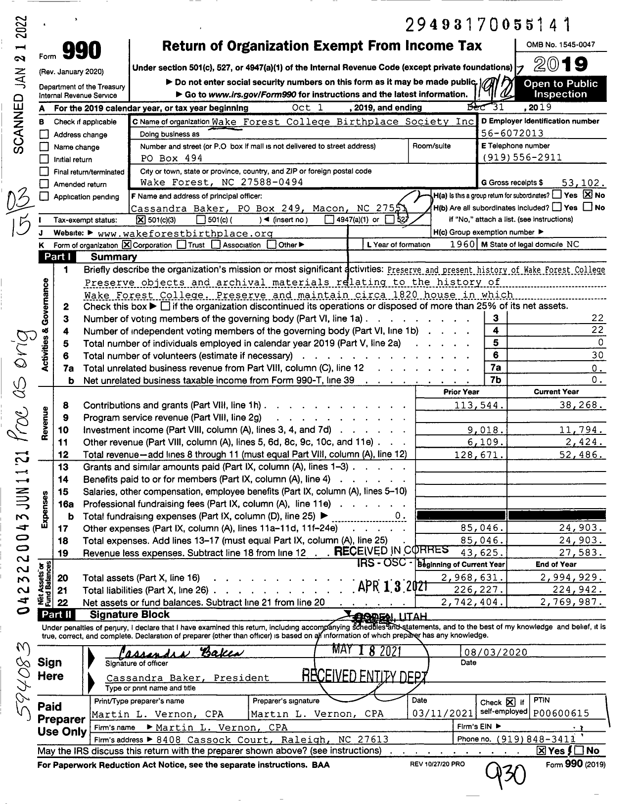 Image of first page of 2019 Form 990 for Wake Forest College Birthplace Society