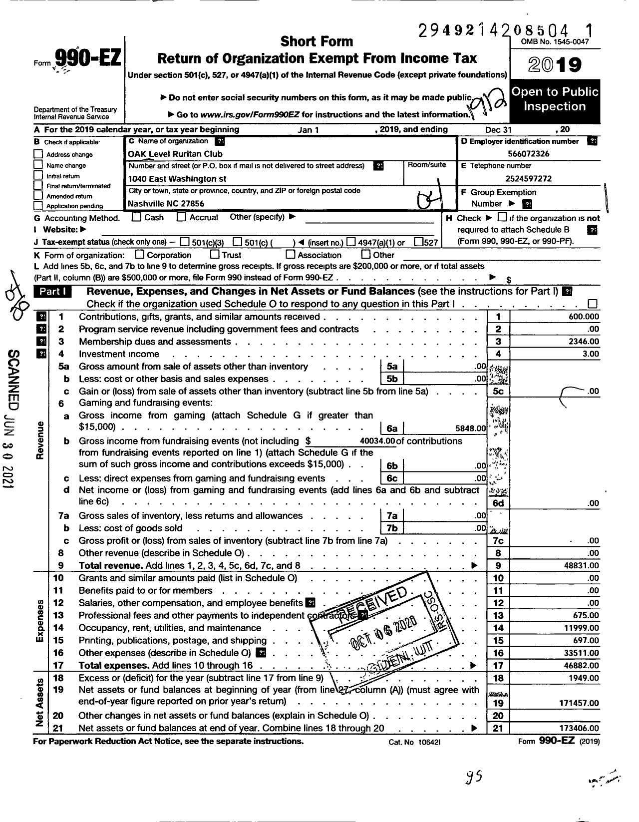Image of first page of 2019 Form 990EO for Ruritan - Oak Level N C