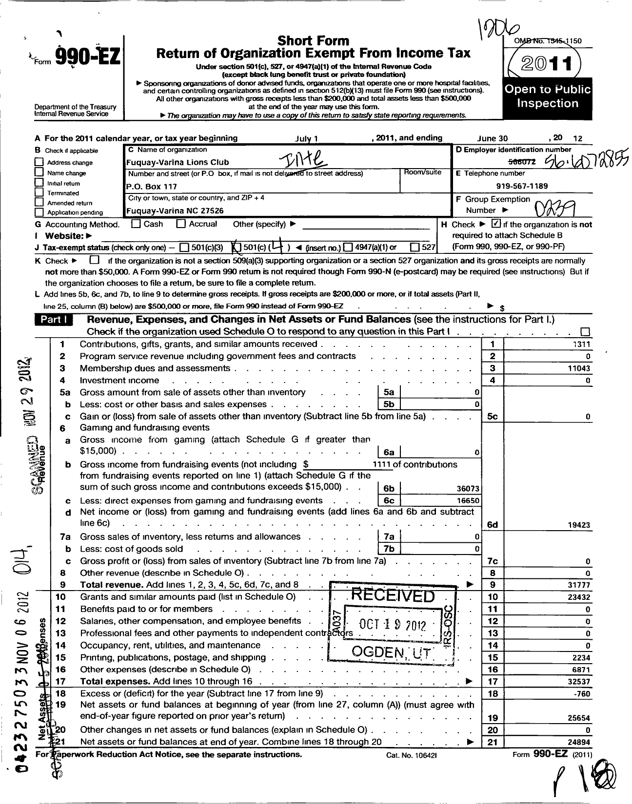 Image of first page of 2011 Form 990EO for Lions Clubs - 11625 Fuquay Varina