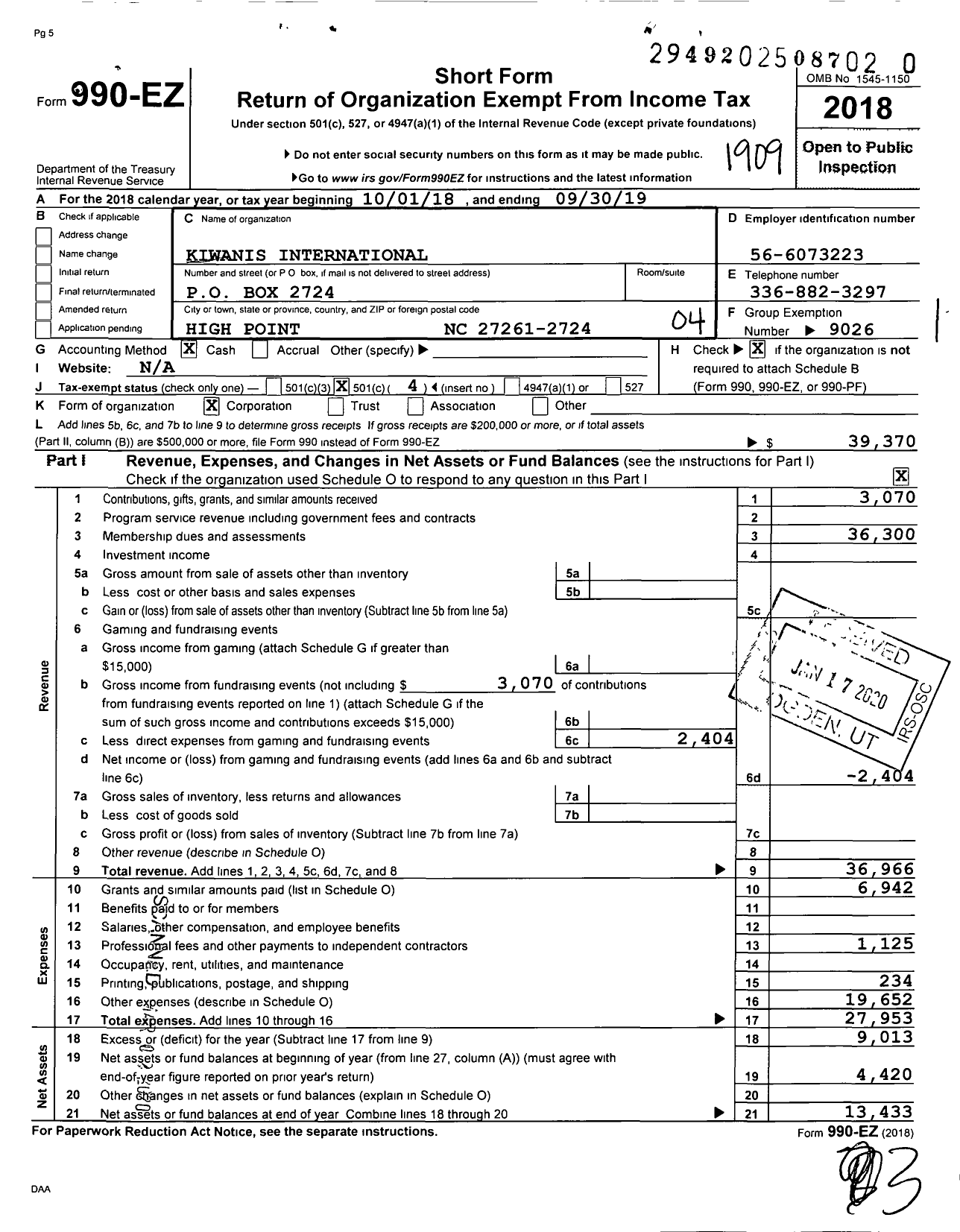 Image of first page of 2018 Form 990EO for Kiwanis International - K00256 High Point