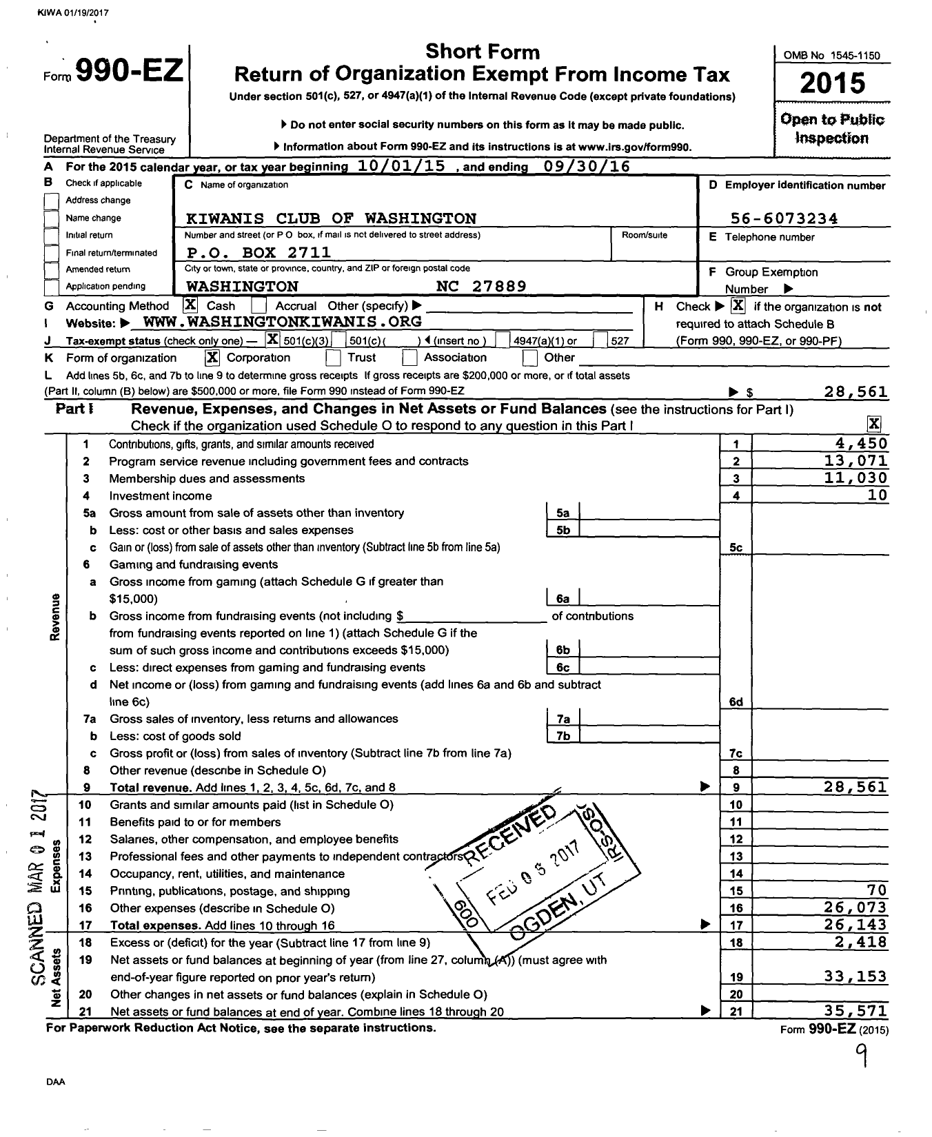 Image of first page of 2015 Form 990EZ for Kiwanis International - K02888 Washington