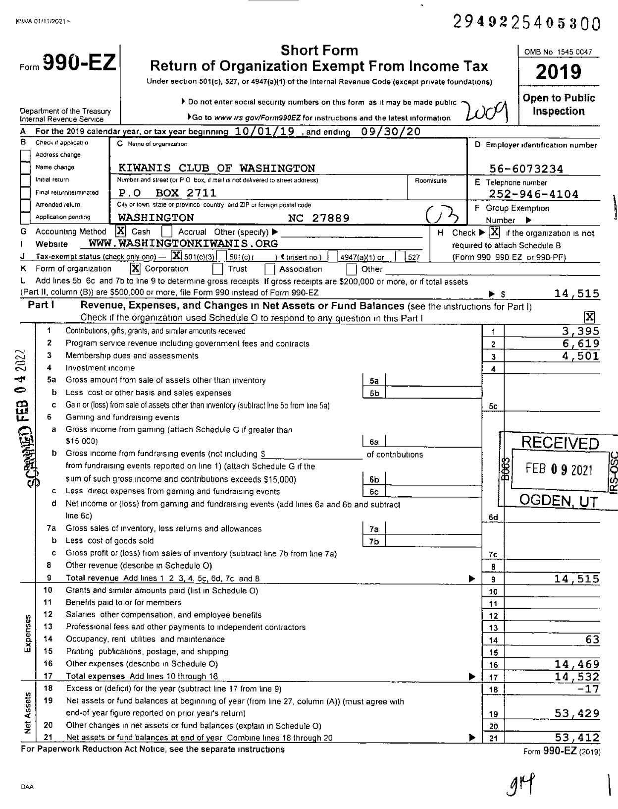 Image of first page of 2019 Form 990EZ for Kiwanis International - K02888 Washington