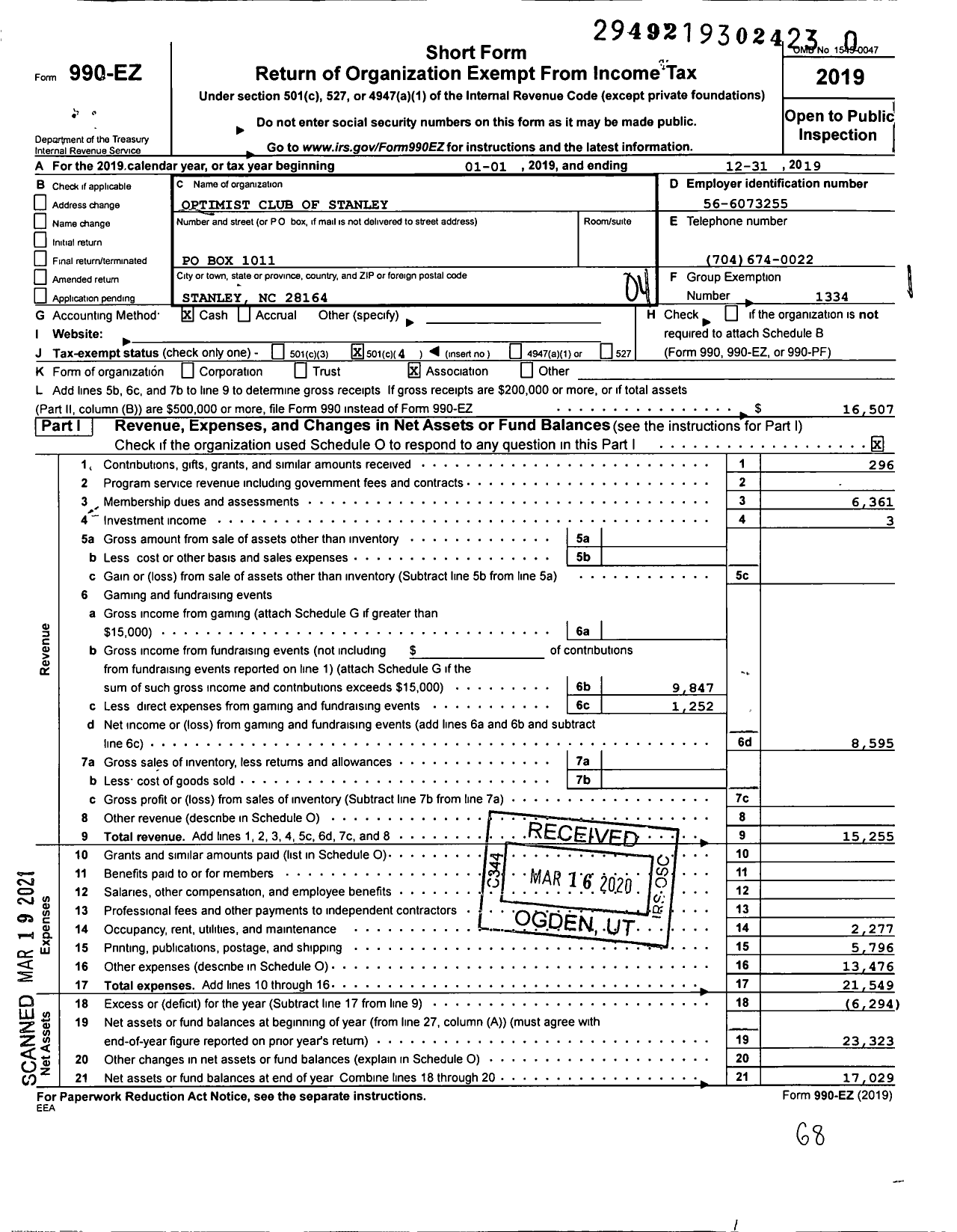 Image of first page of 2019 Form 990EO for Optimist International - 44420 Oc of Stanley North Carolina