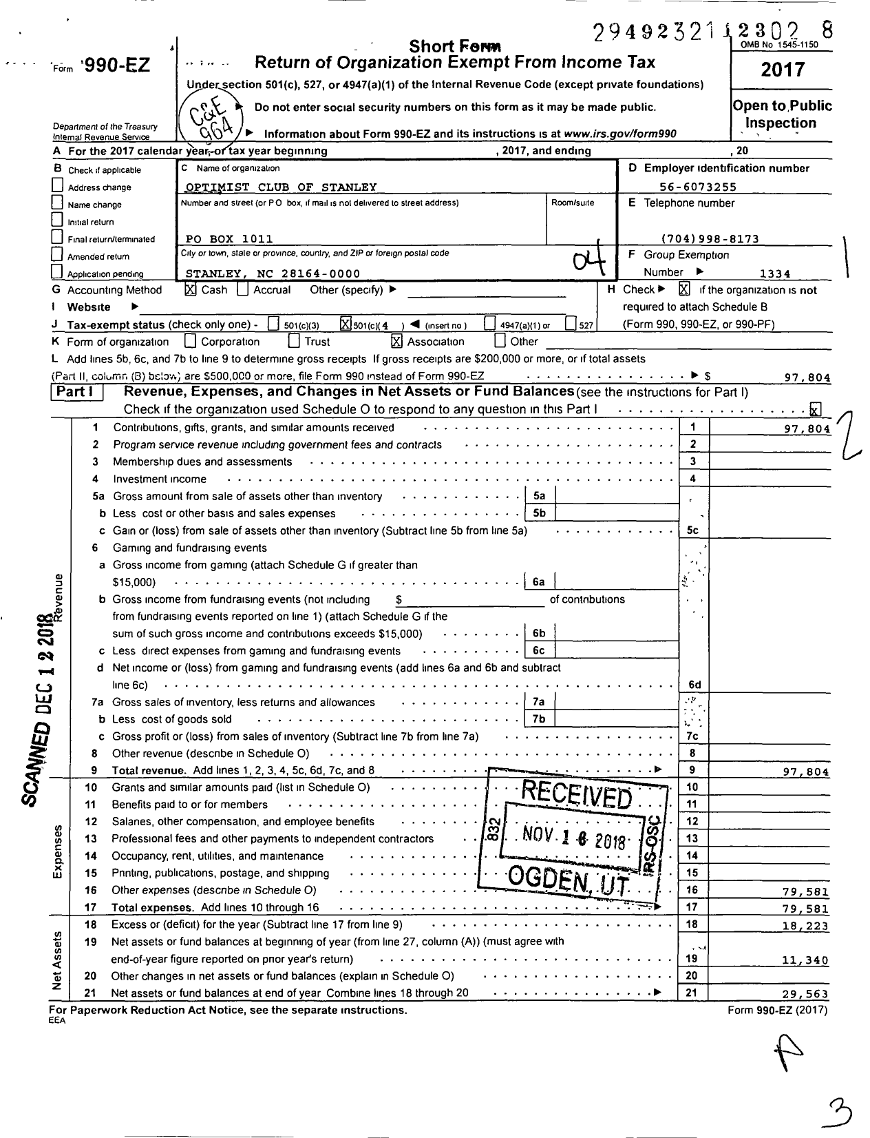 Image of first page of 2017 Form 990EO for Optimist International - 44420 Oc of Stanley North Carolina