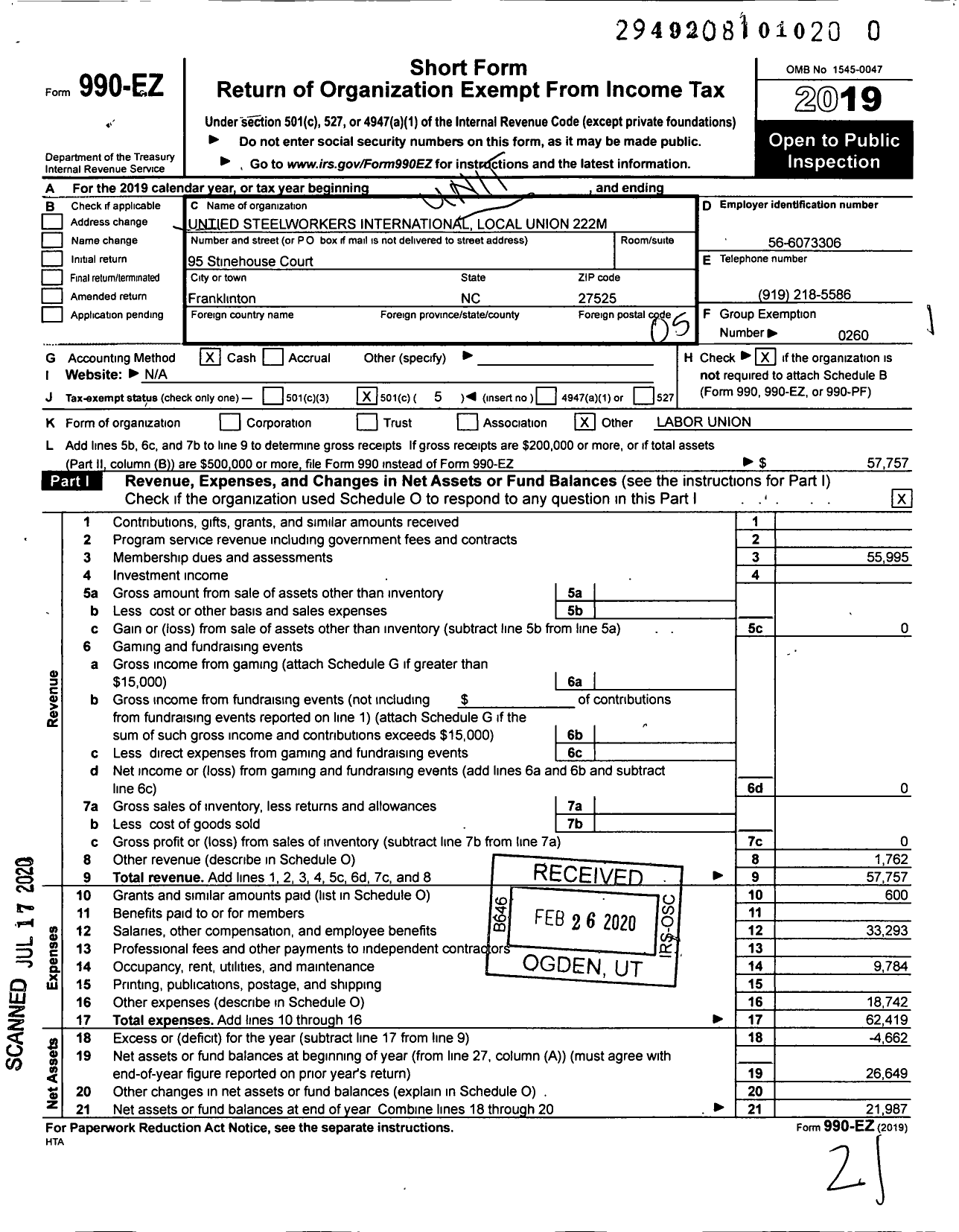 Image of first page of 2019 Form 990EO for Glass Molders Pottery Plastics and Allied Workers - Local 00222