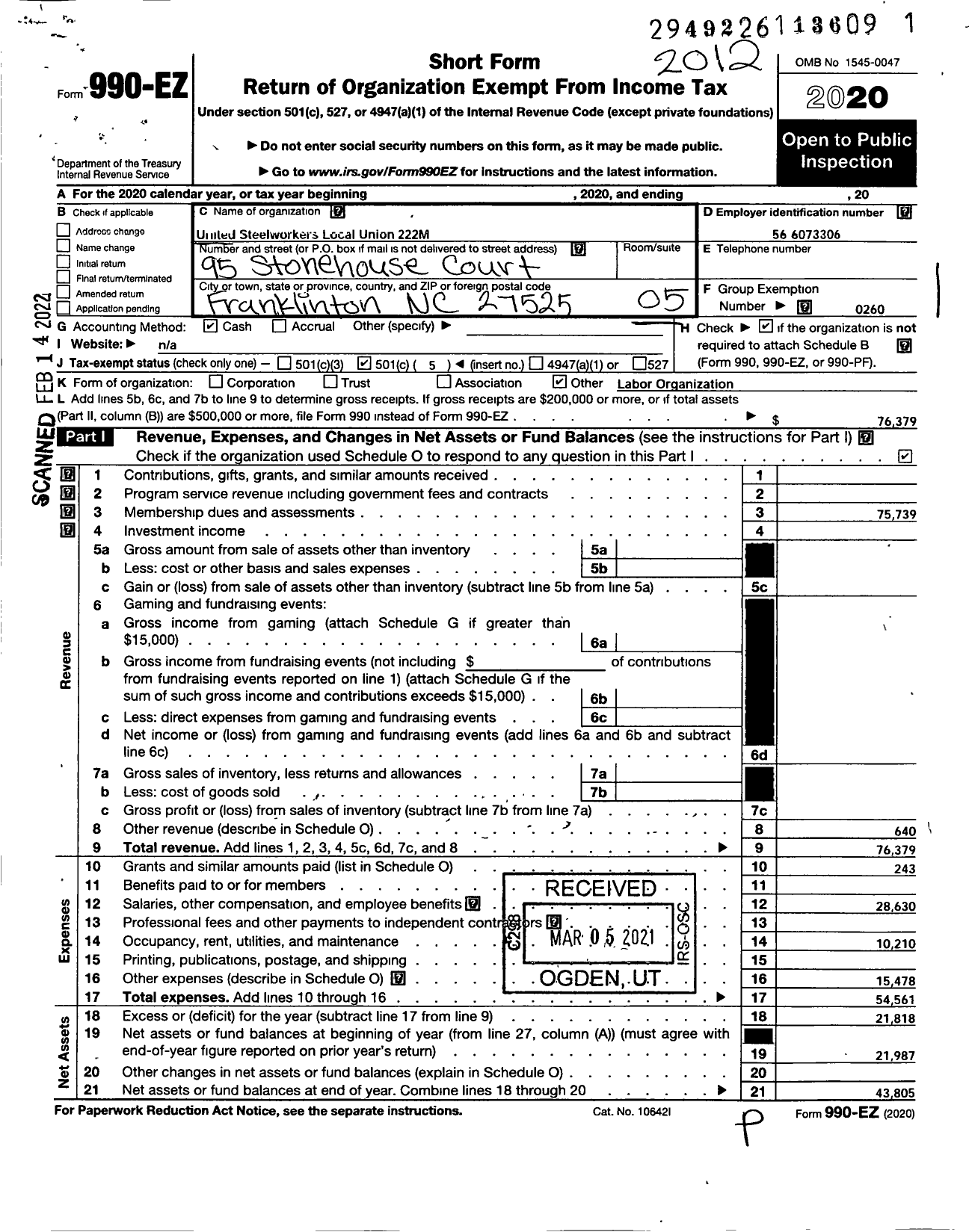 Image of first page of 2020 Form 990EO for Glass Molders Pottery Plastics and Allied Workers - Local 00222