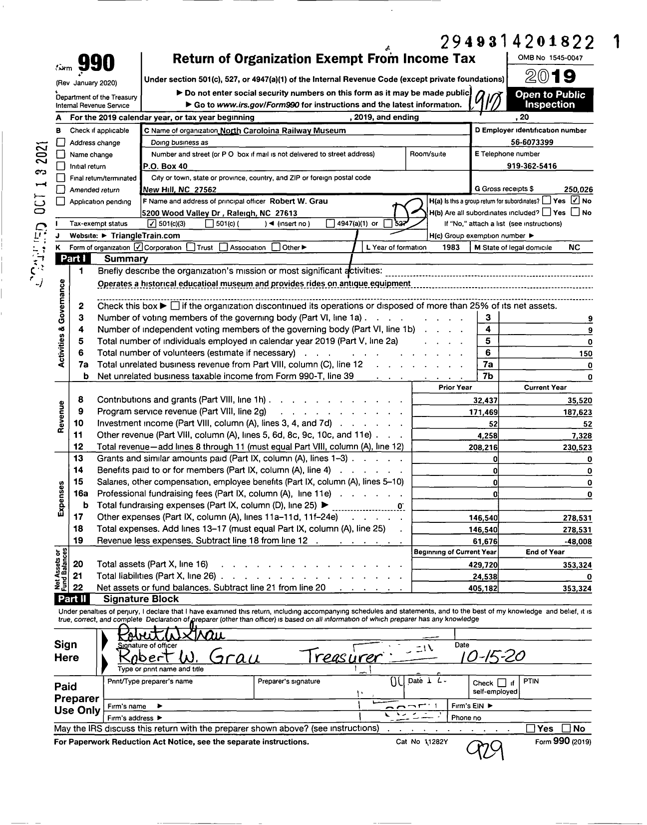 Image of first page of 2019 Form 990 for North Carolina Railway Museum