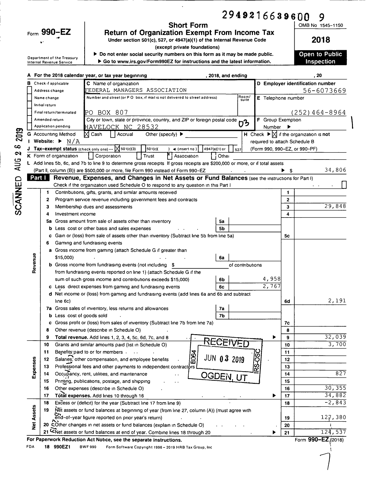 Image of first page of 2018 Form 990EZ for Federal Managers Association - 21 Us Marine Corps Air Station Chap