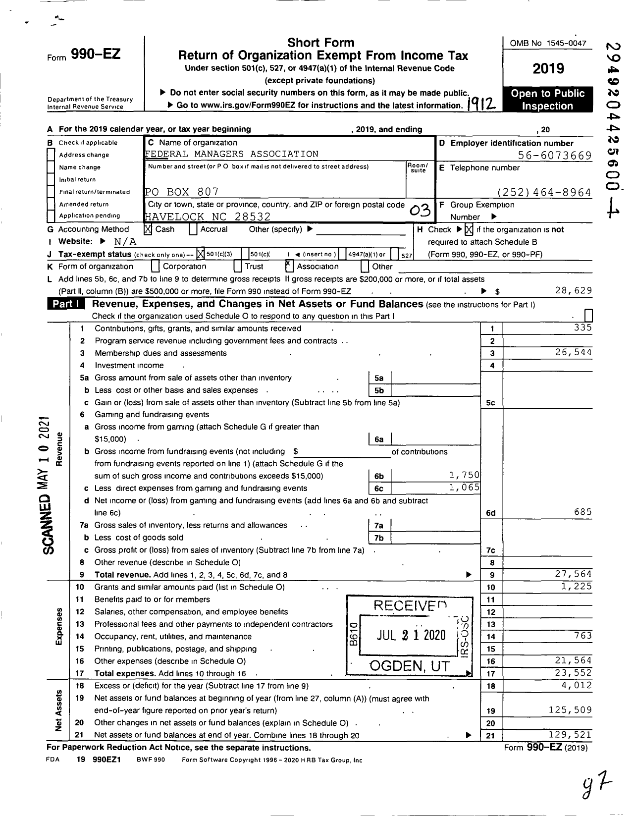 Image of first page of 2019 Form 990EZ for Federal Managers Association - 21 Us Marine Corps Air Station Chap