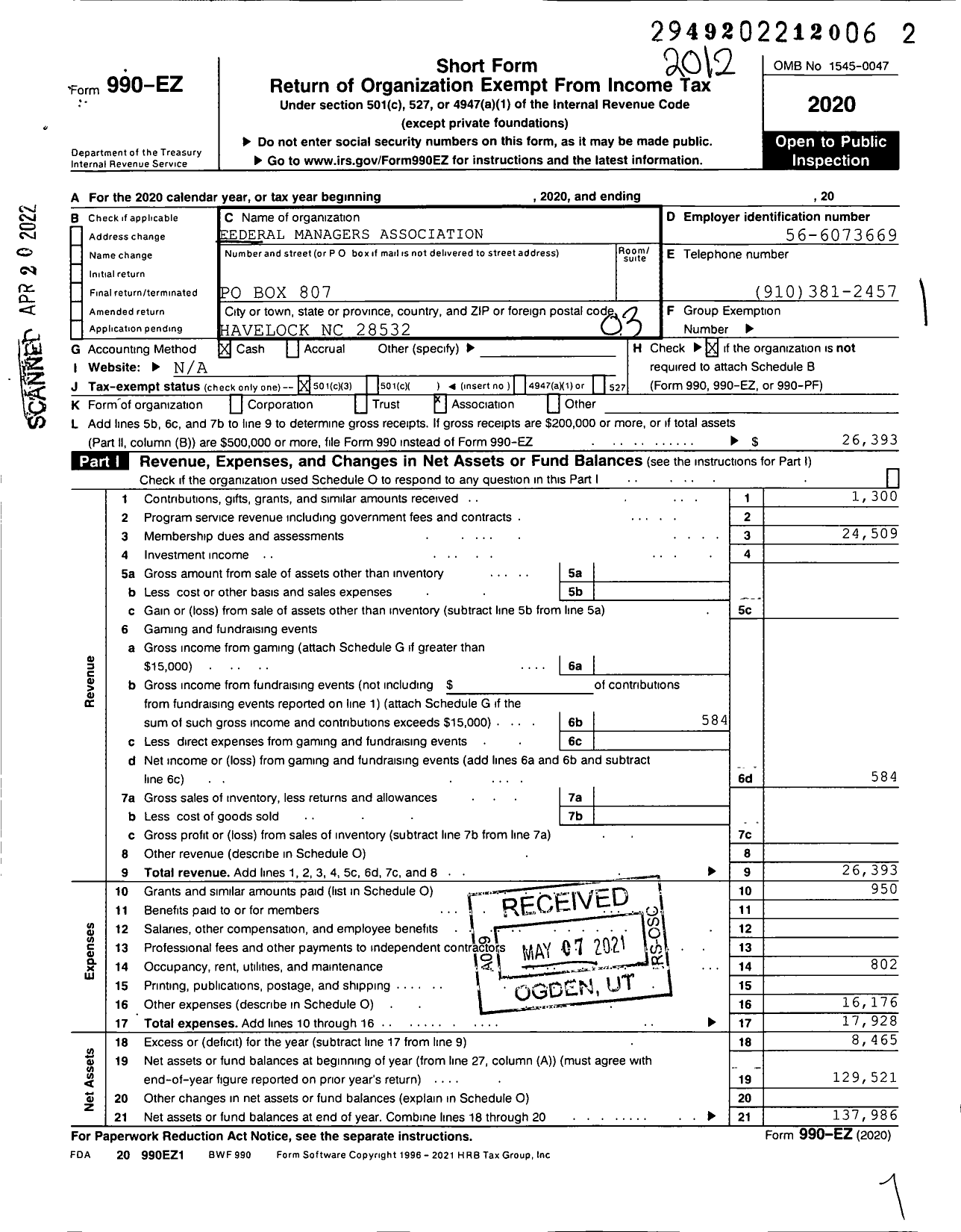 Image of first page of 2020 Form 990EZ for Federal Managers Association - 21 Us Marine Corps Air Station Chap