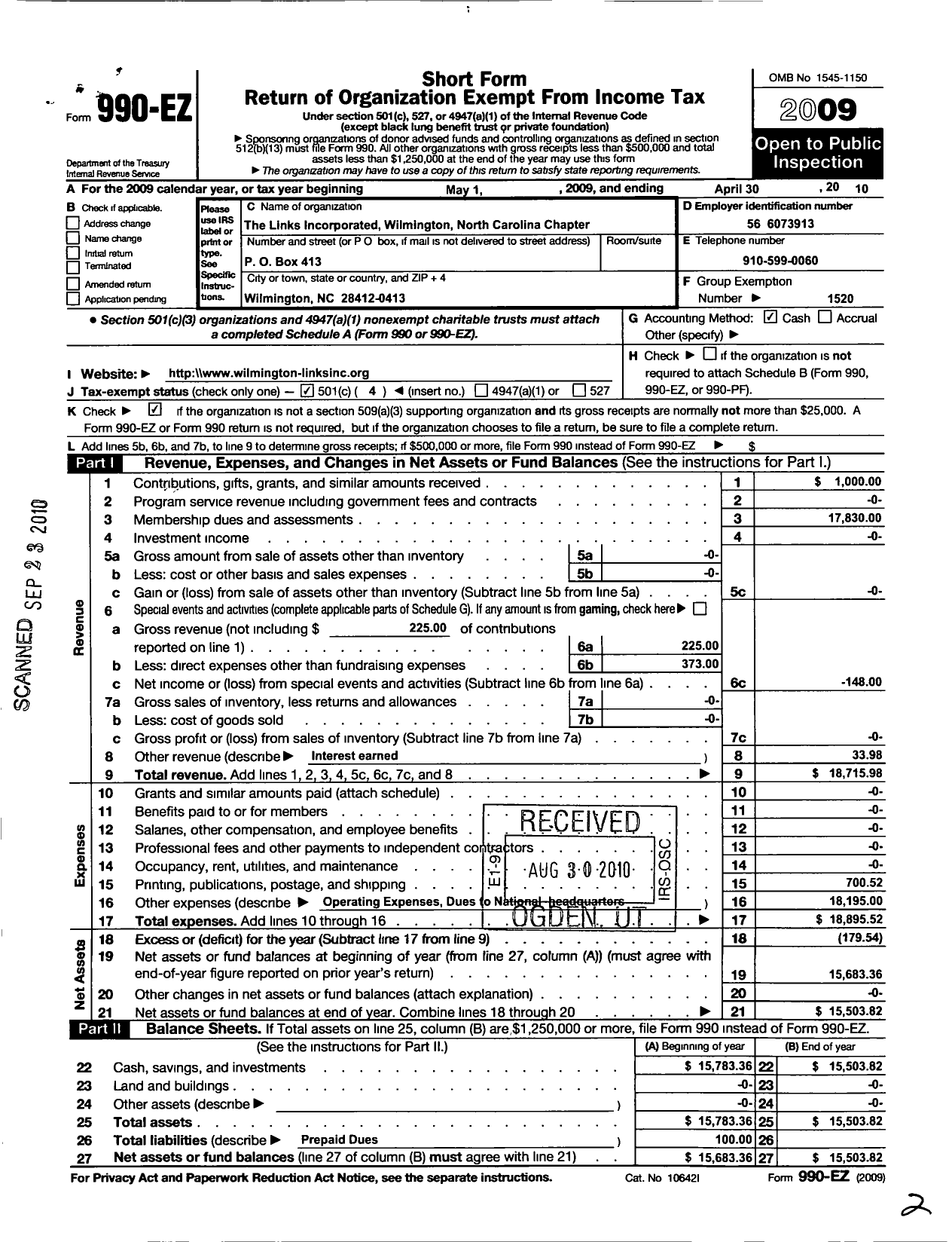 Image of first page of 2009 Form 990EO for The Links - Wilmington NC Chapter