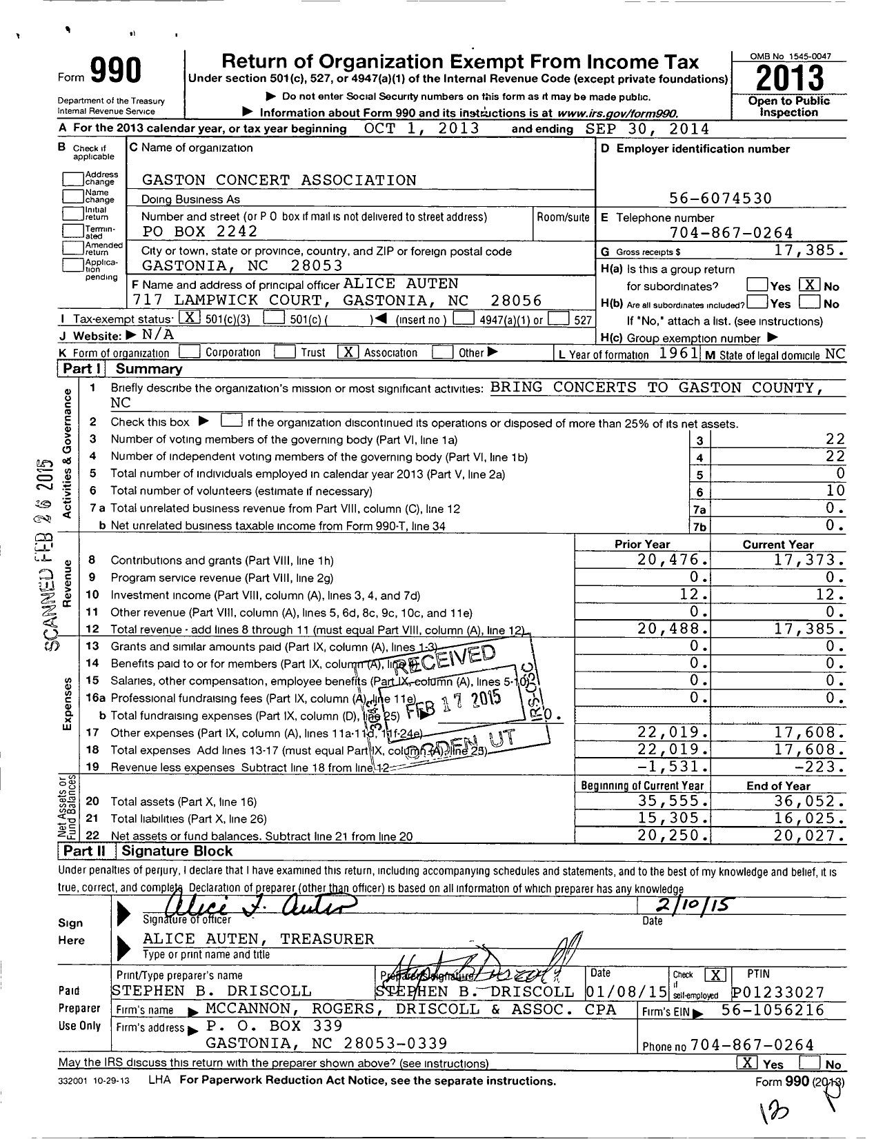 Image of first page of 2013 Form 990 for Gaston Concert Association