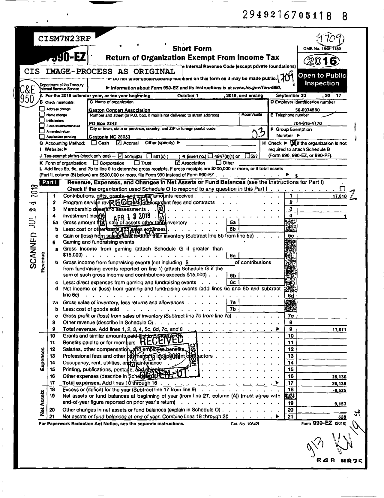 Image of first page of 2016 Form 990EZ for Gaston Concert Association