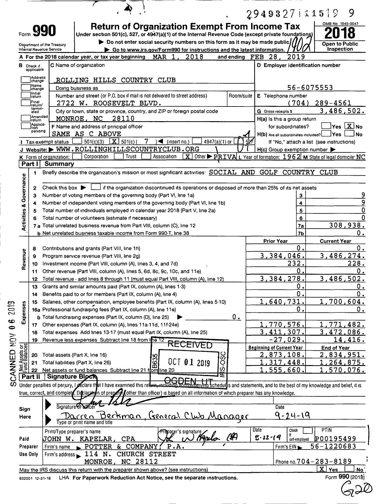 Image of first page of 2018 Form 990O for Rolling Hills Country Club