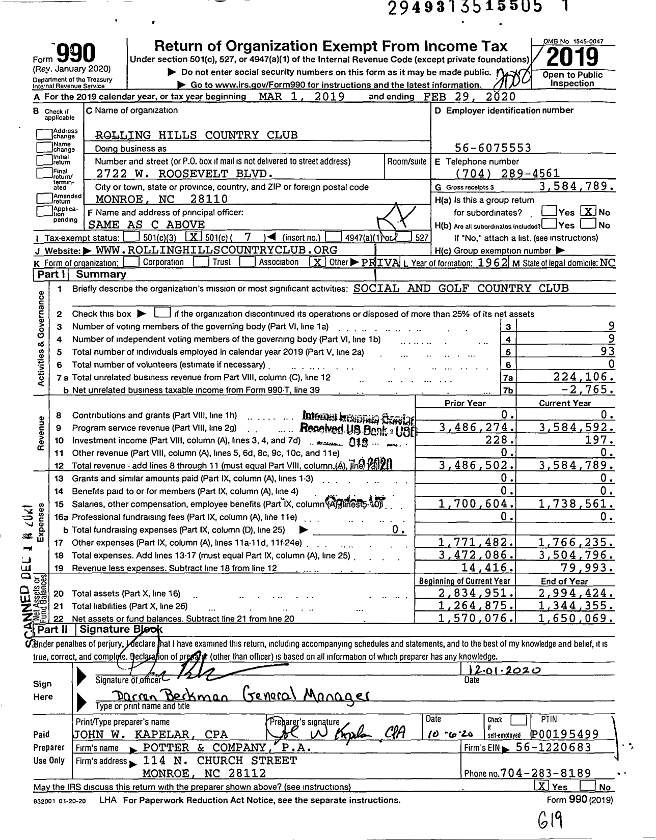 Image of first page of 2019 Form 990O for Rolling Hills Country Club