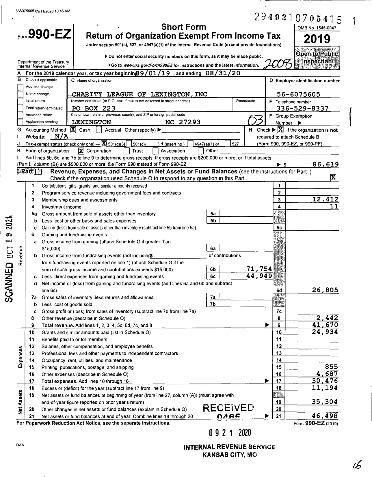 Image of first page of 2019 Form 990EZ for Charity League of Lexington