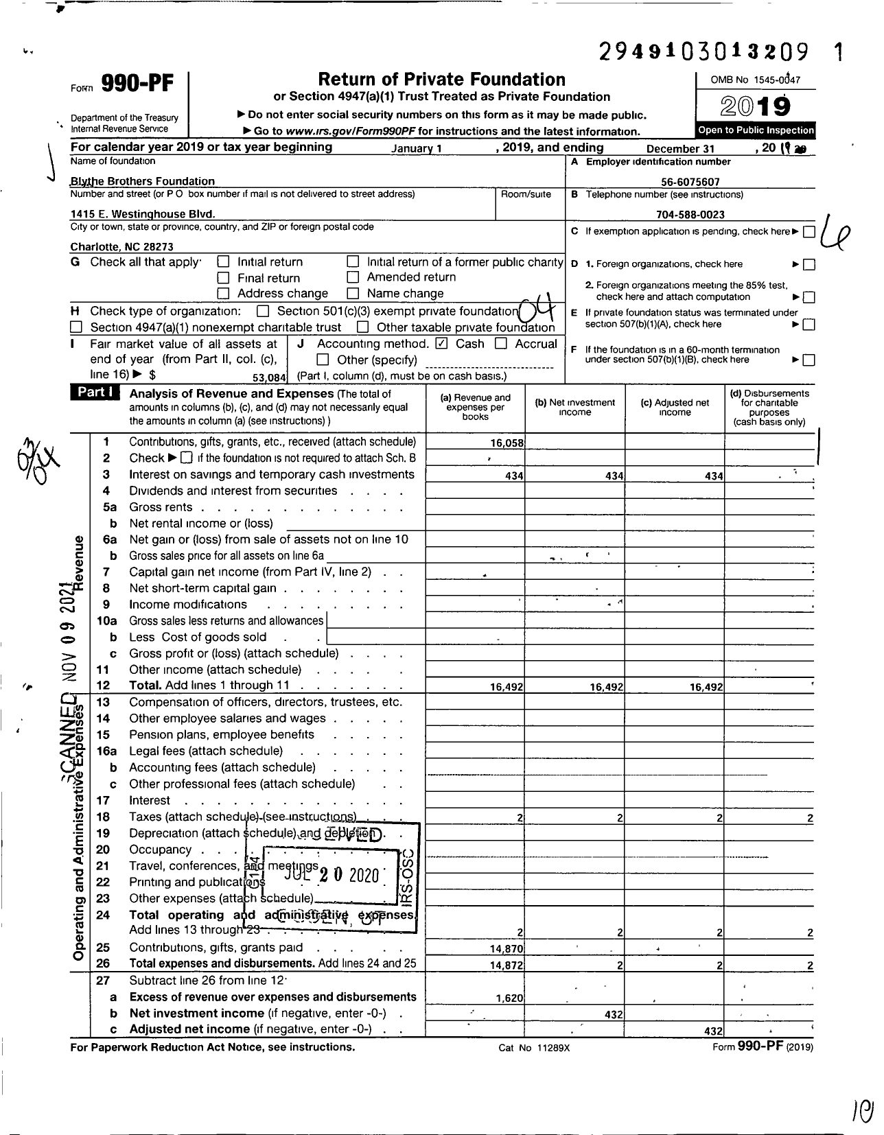 Image of first page of 2019 Form 990PF for Blythe Brothers Foundation