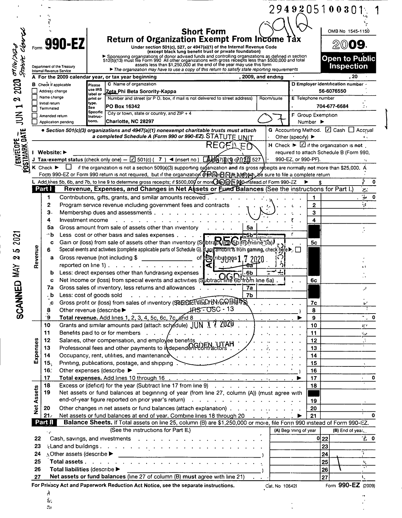 Image of first page of 2009 Form 990EO for Zeta Phi Beta Sorority