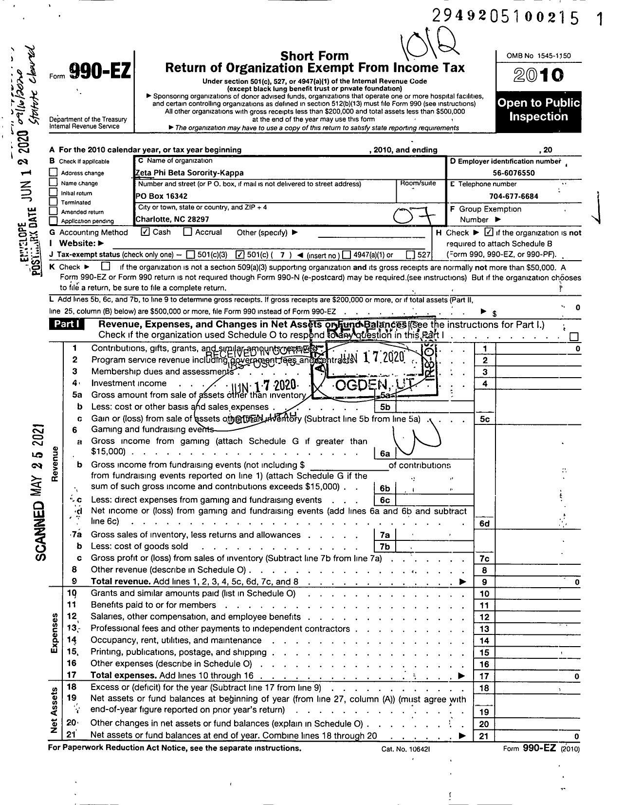 Image of first page of 2010 Form 990EO for Zeta Phi Beta Sorority