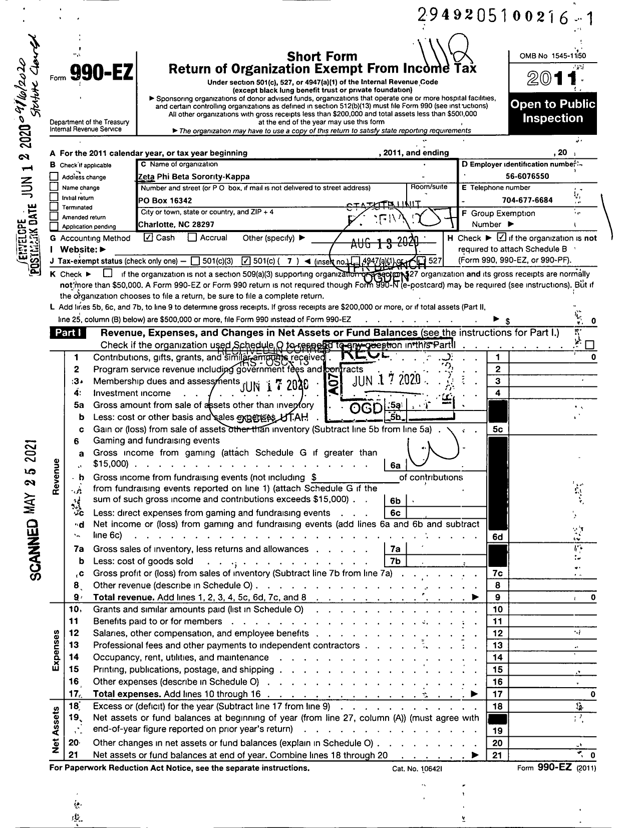 Image of first page of 2011 Form 990EO for Zeta Phi Beta Sorority