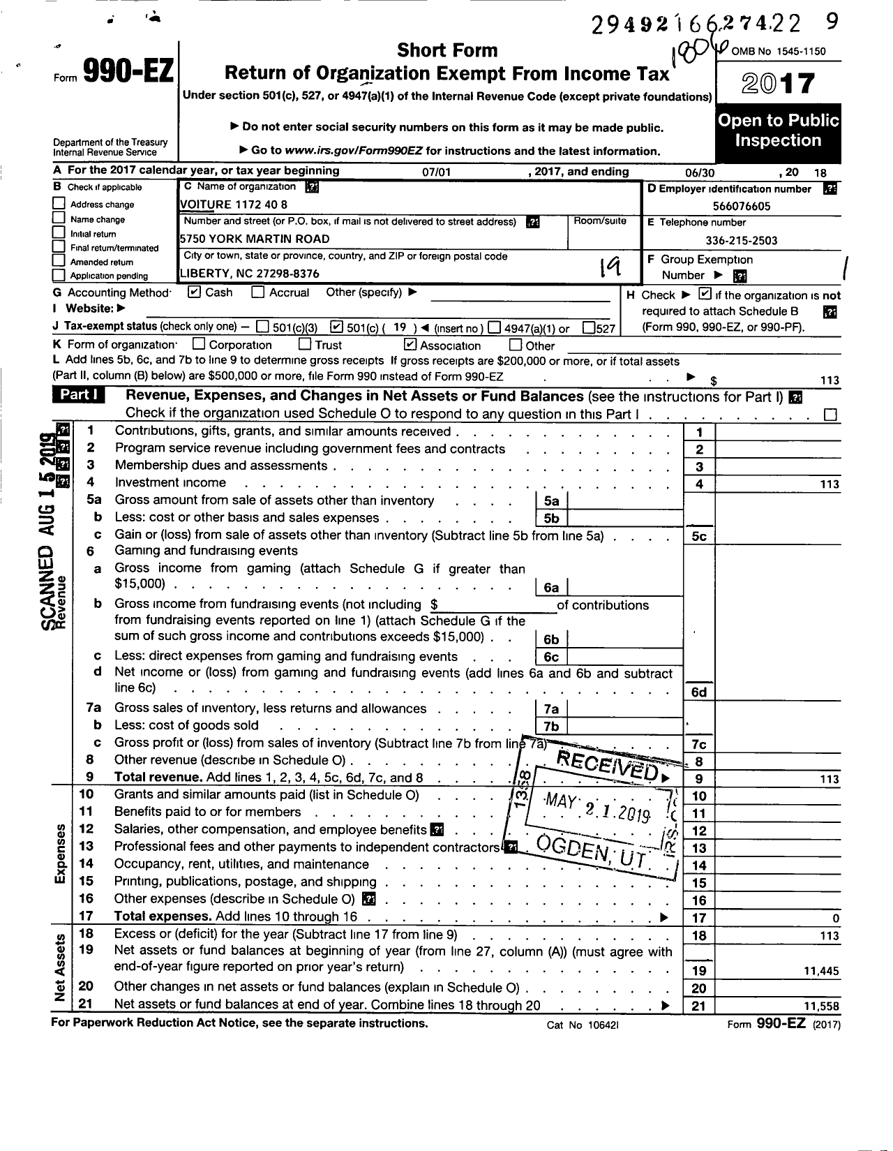 Image of first page of 2017 Form 990EO for The Forty and Eight - 1172 Voiture Locale