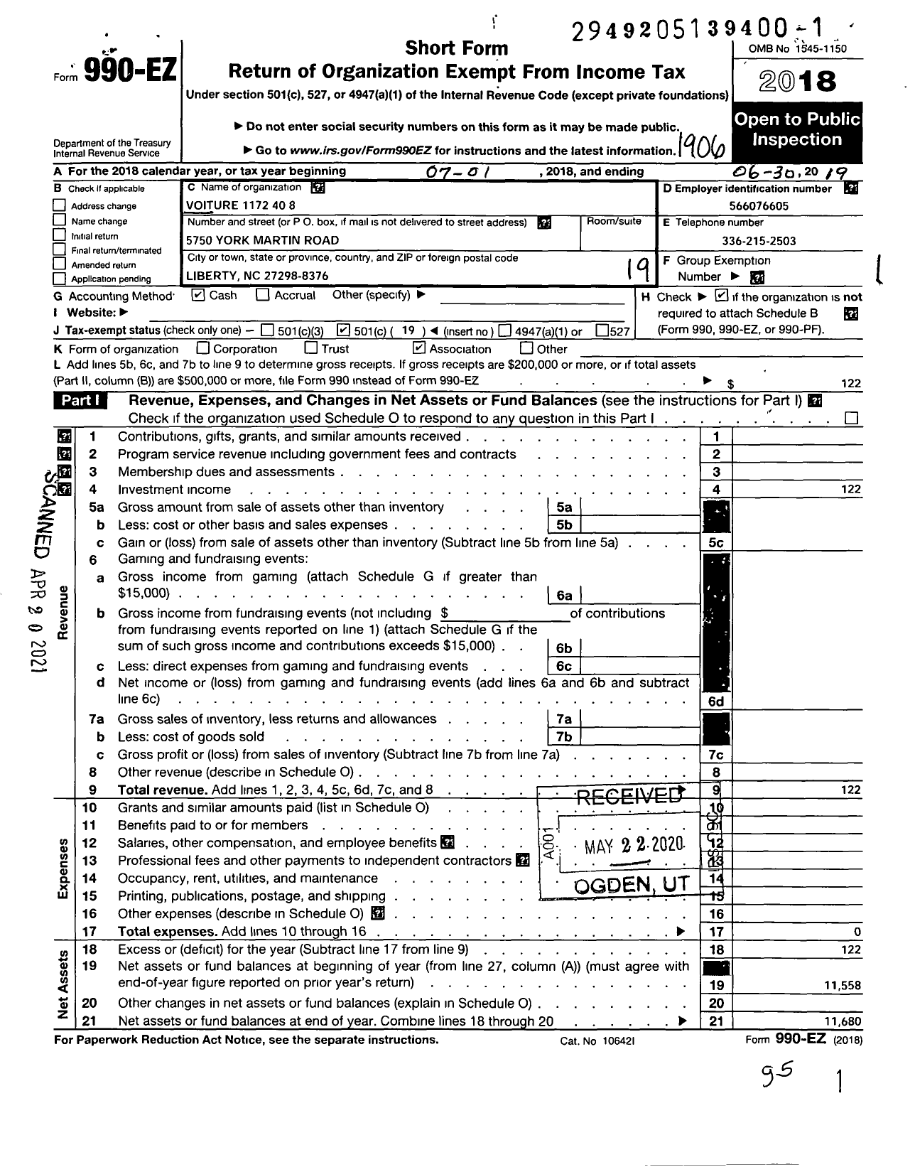 Image of first page of 2018 Form 990EO for The Forty and Eight - 1172 Voiture Locale