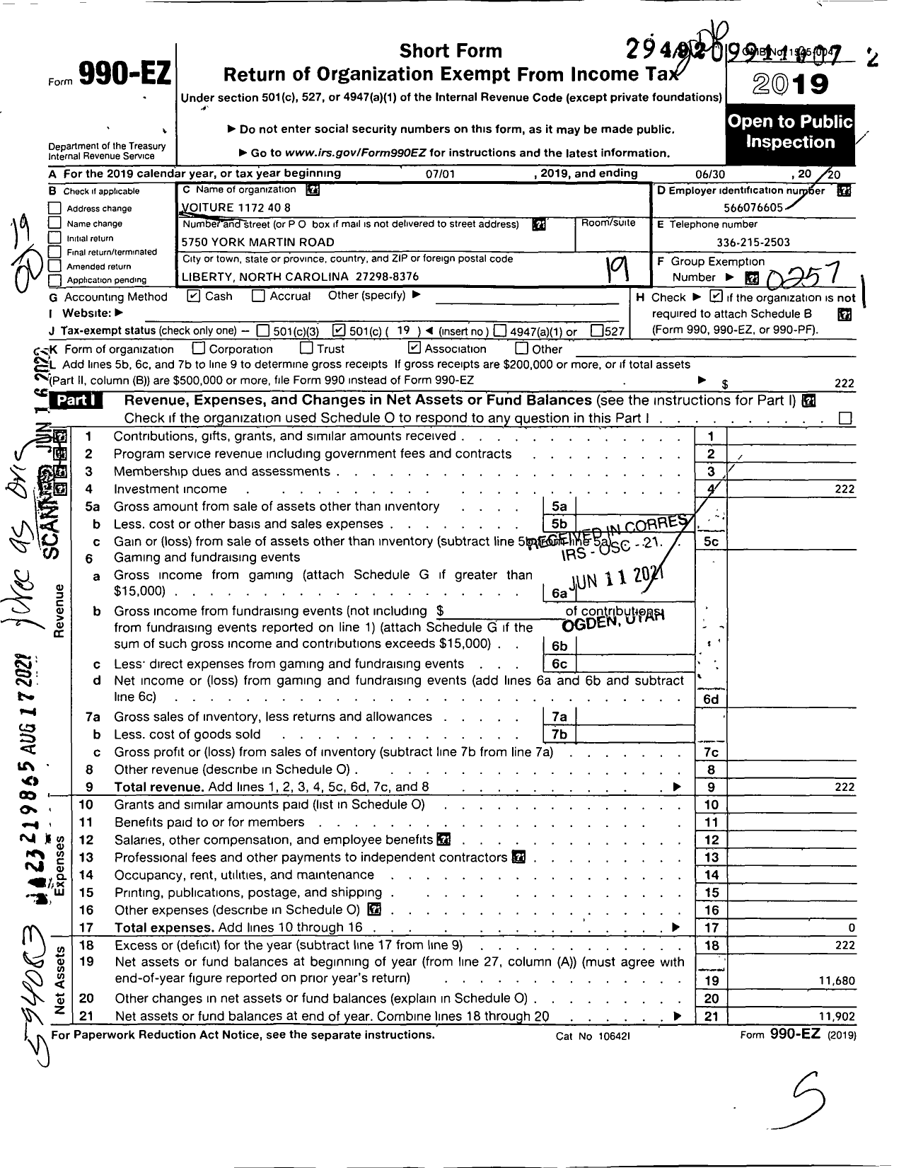 Image of first page of 2019 Form 990EO for The Forty and Eight - 1172 Voiture Locale