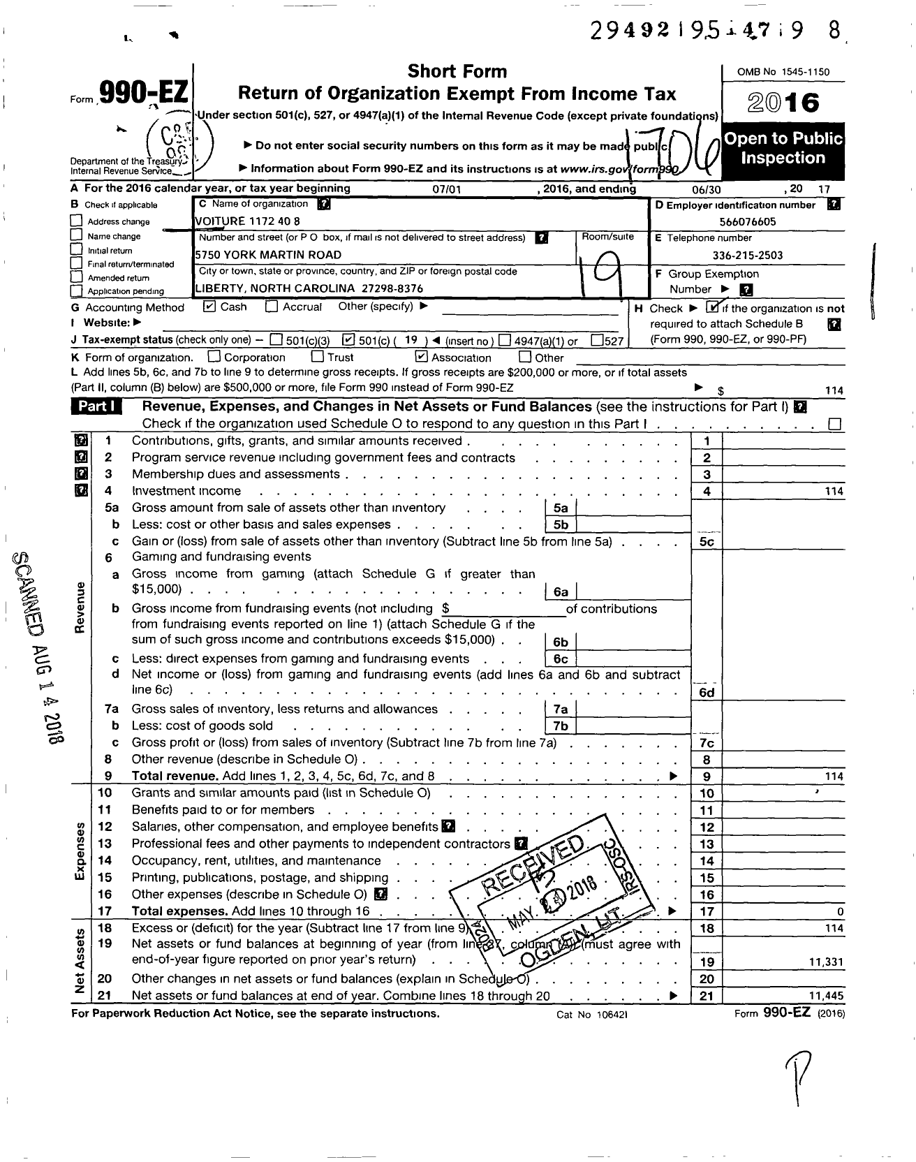 Image of first page of 2016 Form 990EO for The Forty and Eight - 1172 Voiture Locale