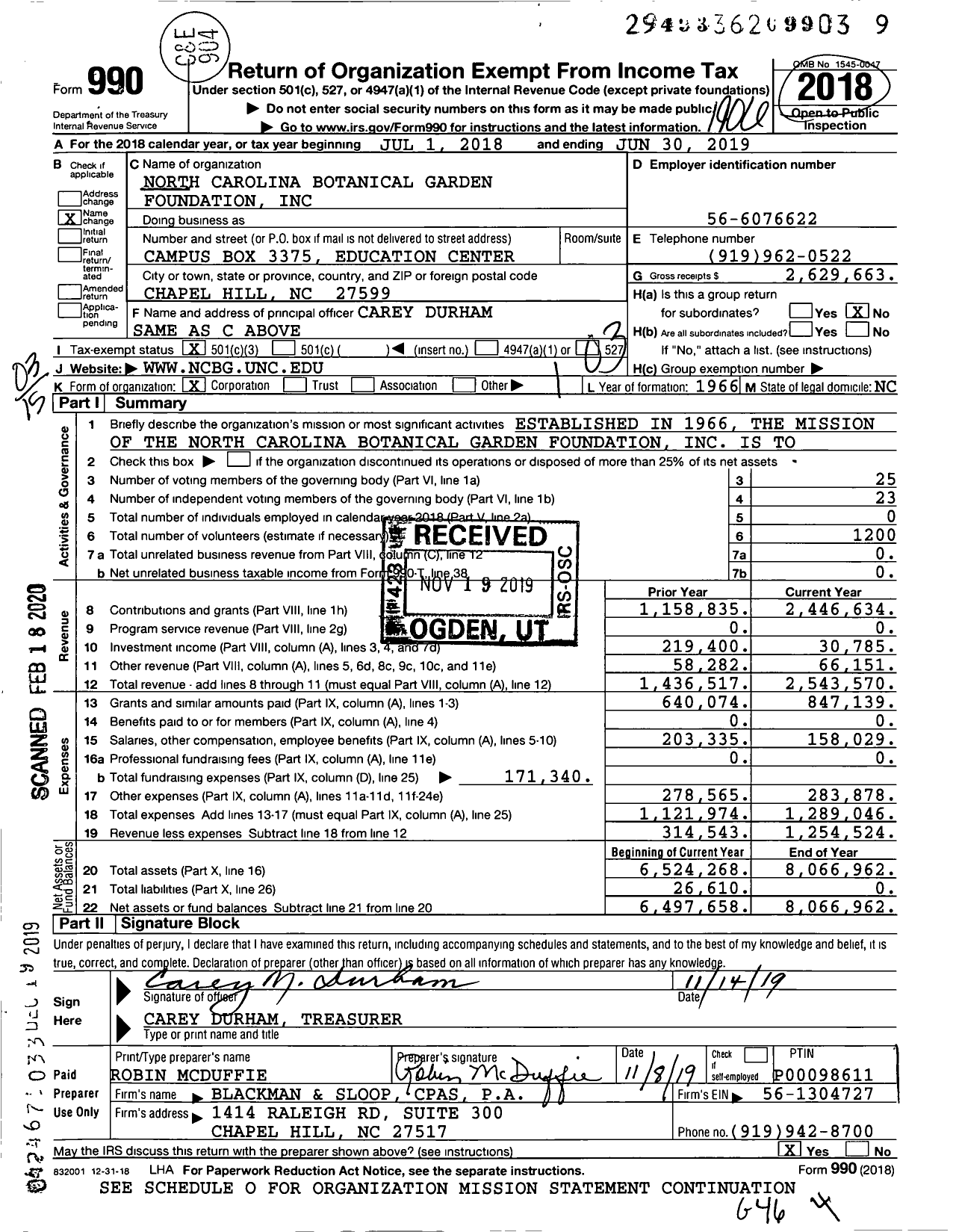 Image of first page of 2018 Form 990 for North Carolina Botanical Garden Foundati