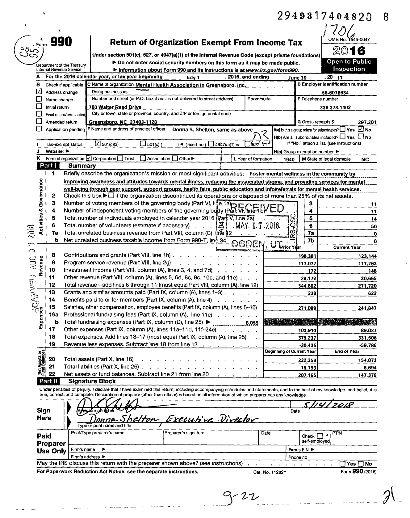 Image of first page of 2016 Form 990 for Mental Health Greensboro