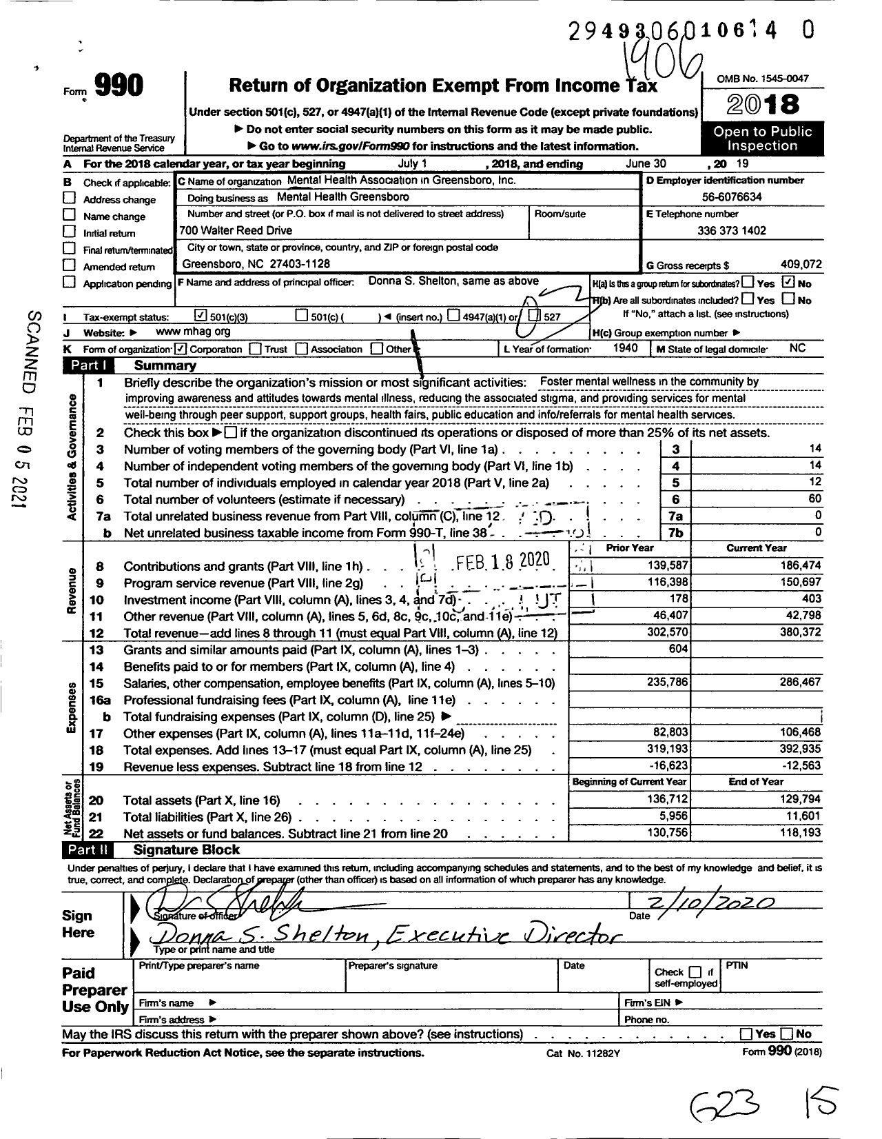 Image of first page of 2018 Form 990 for Mental Health Greensboro