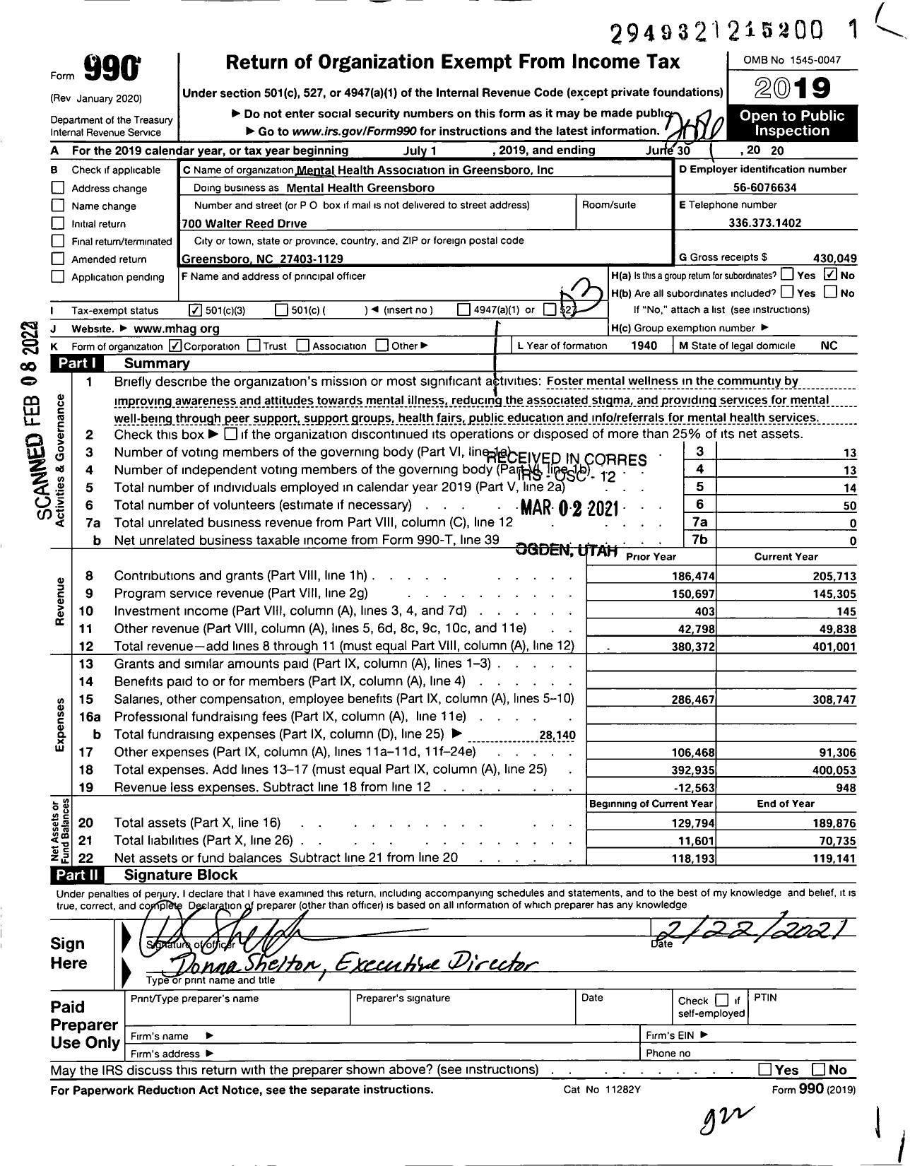 Image of first page of 2019 Form 990 for Mental Health Greensboro