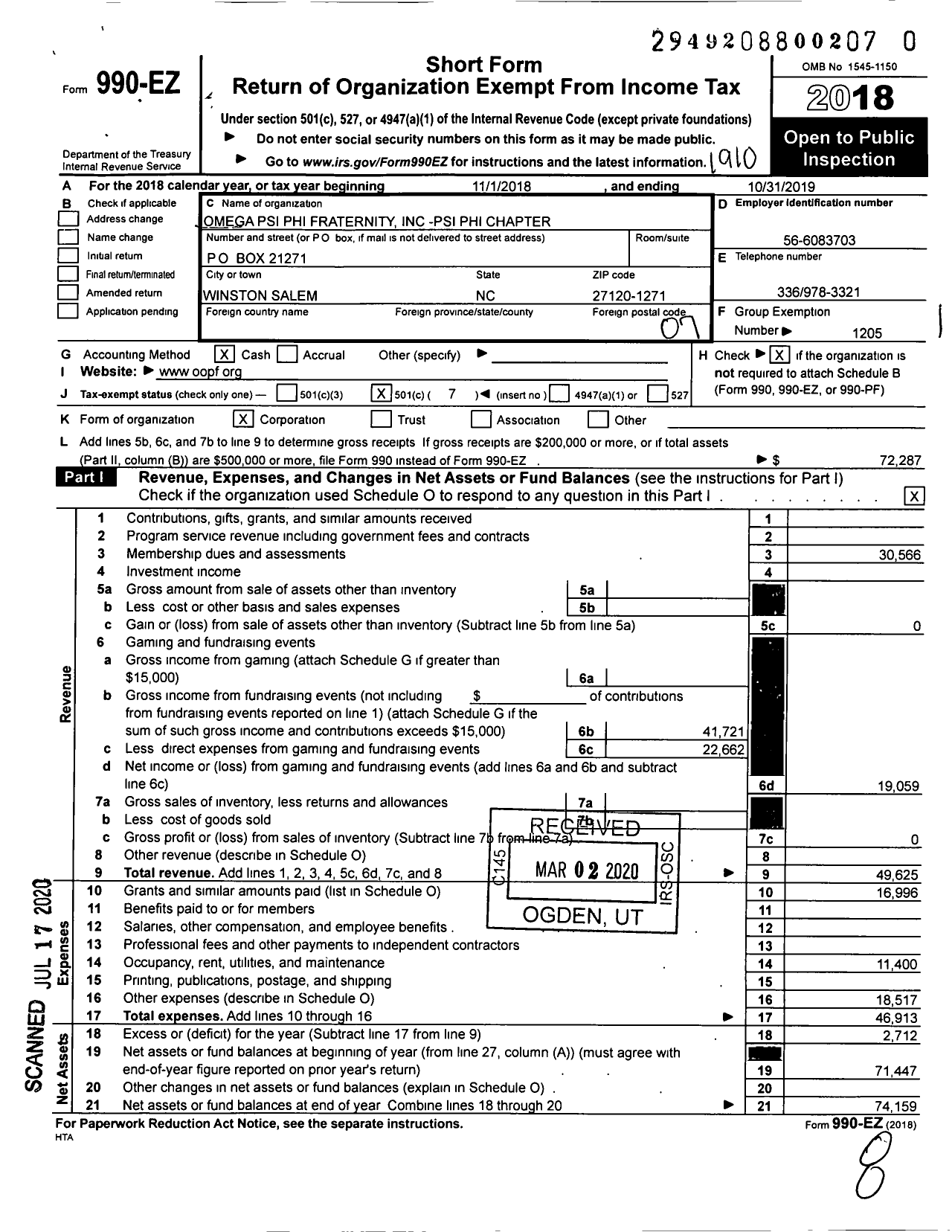 Image of first page of 2018 Form 990EO for Omega Psi Phi Fraternity - 546 Psi Phi District 6