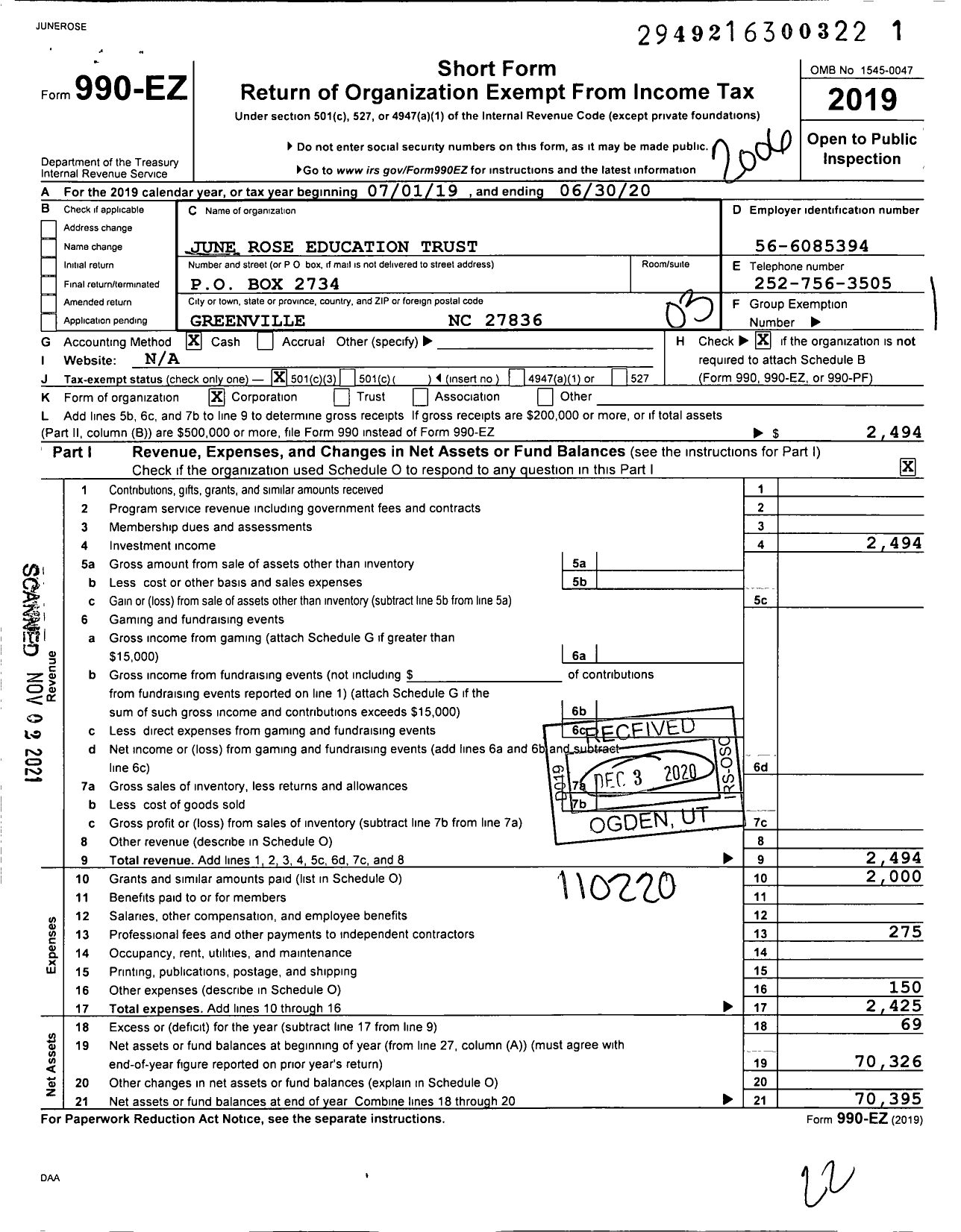 Image of first page of 2019 Form 990EZ for June Rose Education Trust