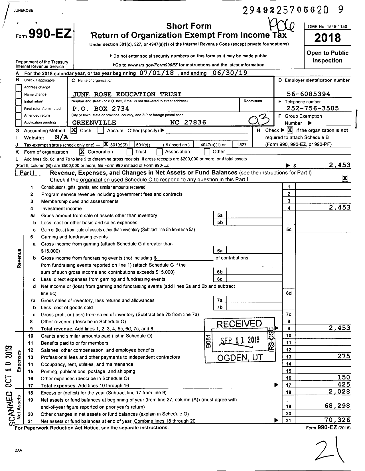 Image of first page of 2018 Form 990EZ for June Rose Education Trust