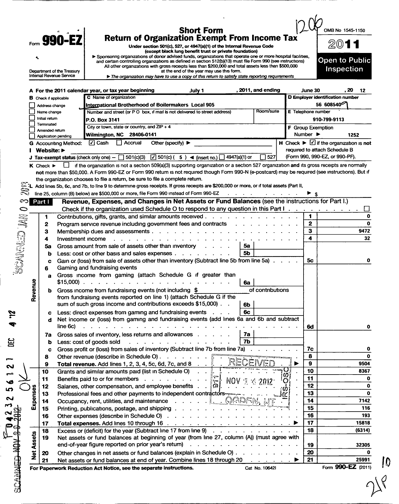 Image of first page of 2011 Form 990EO for International Brotherhood of Boilermakers - 905 Lodge